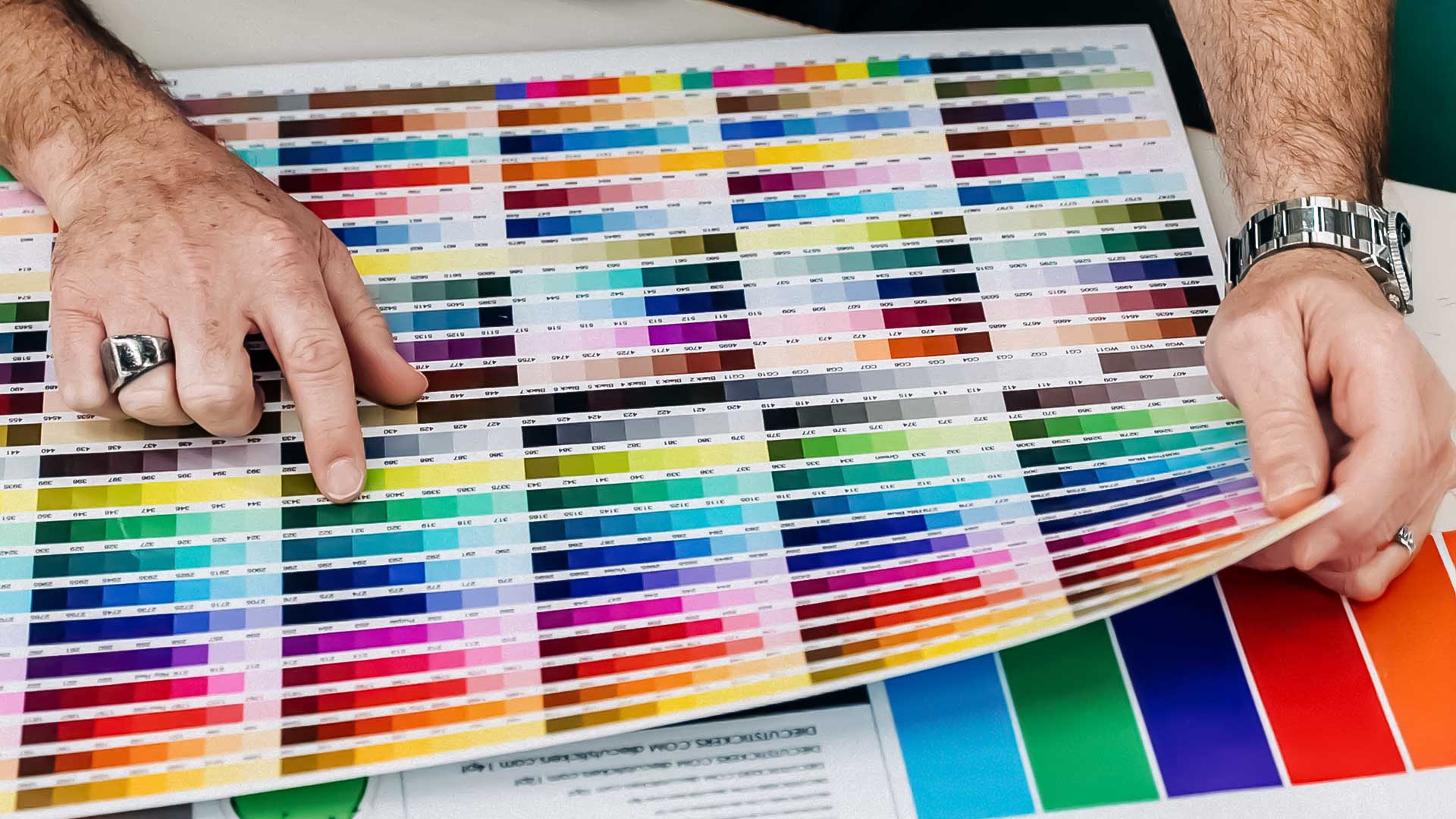 Person holding a color swatch book with a focus on color selection.