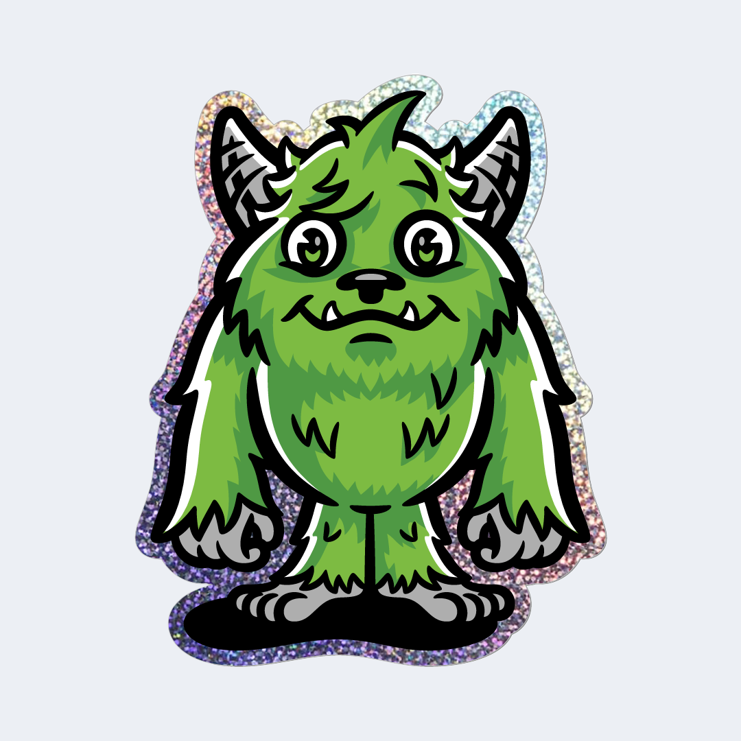 Green creature with black accents on a light purple background