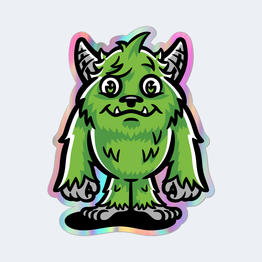 Holographic green monster sticker with a white background