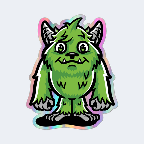 Holographic green monster sticker with a white background
