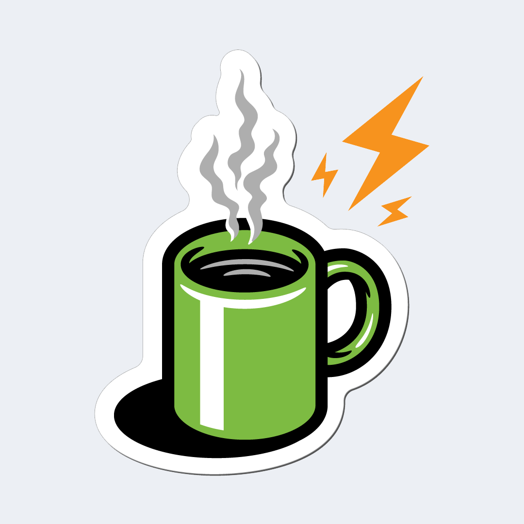 Green mug with steam and lightning bolts on a light gray background
