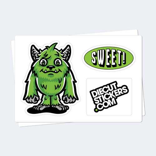 Green monster sticker with 'SWEET!' and 'Diecut Stickers.com' text on a white background