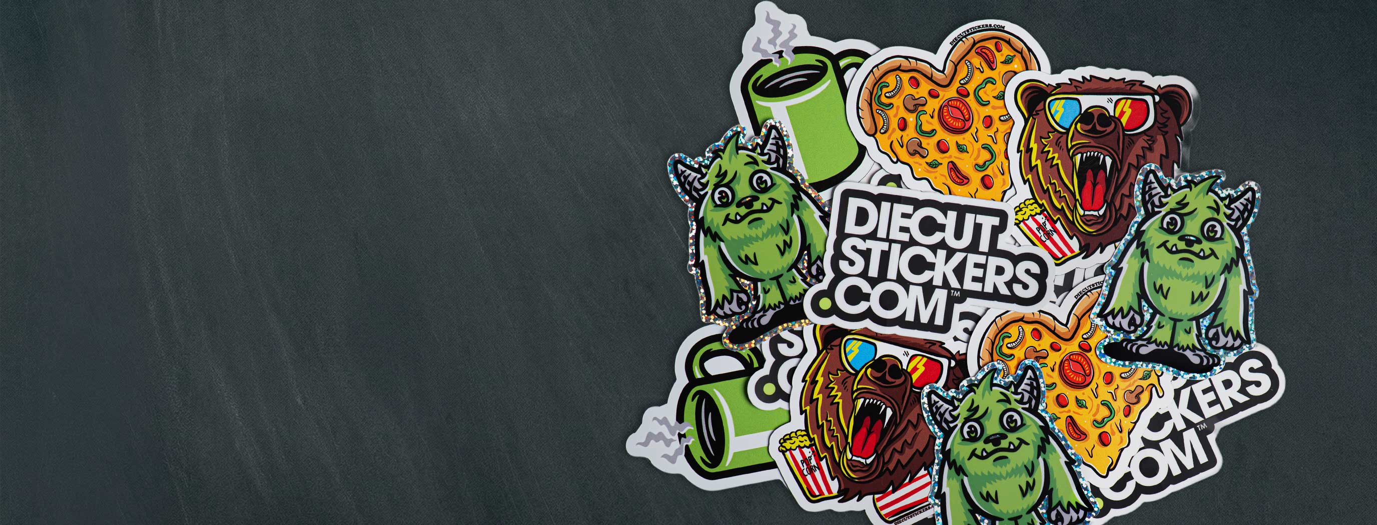 Collection of colorful die-cut stickers featuring cartoon characters and text on a dark background.