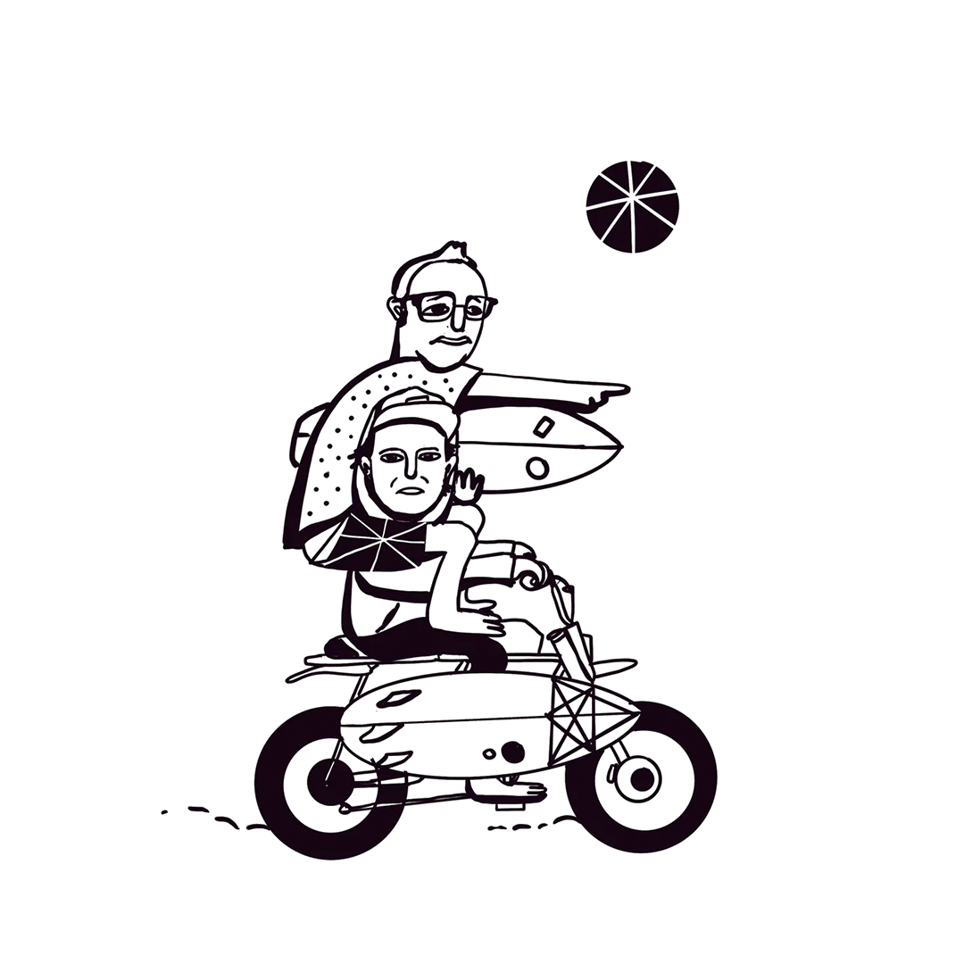 Illustration of a person riding a motorcycle with another person on top, holding a surfboard, against a white background.