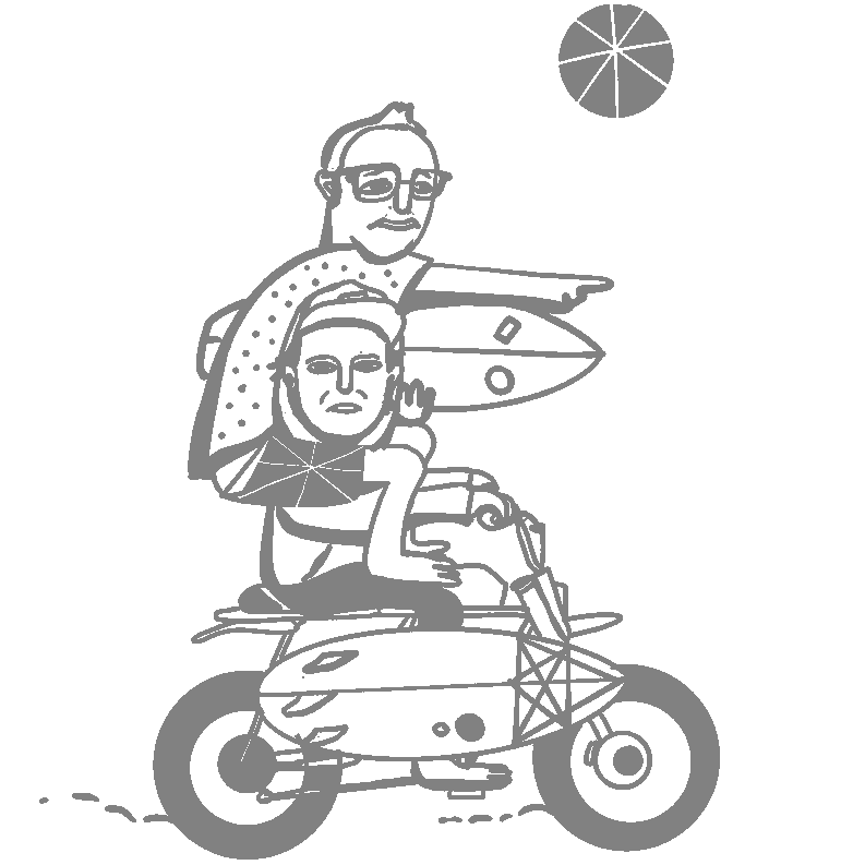 Illustration of a person riding a motorcycle with another person on top, holding a surfboard, against a white background.