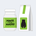 Jar and bag with 'Power to the Makers' text and bear silhouette on a light gray background